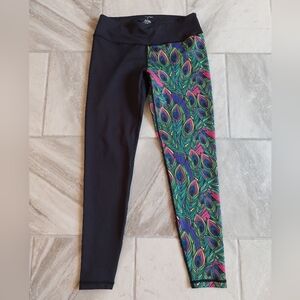 Feed Me Fight Me leggings large workout peacock feathers black FMFM